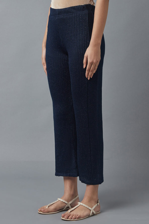 Navy Blue Solid Boot Cut Palazzo With Elasticated Waist