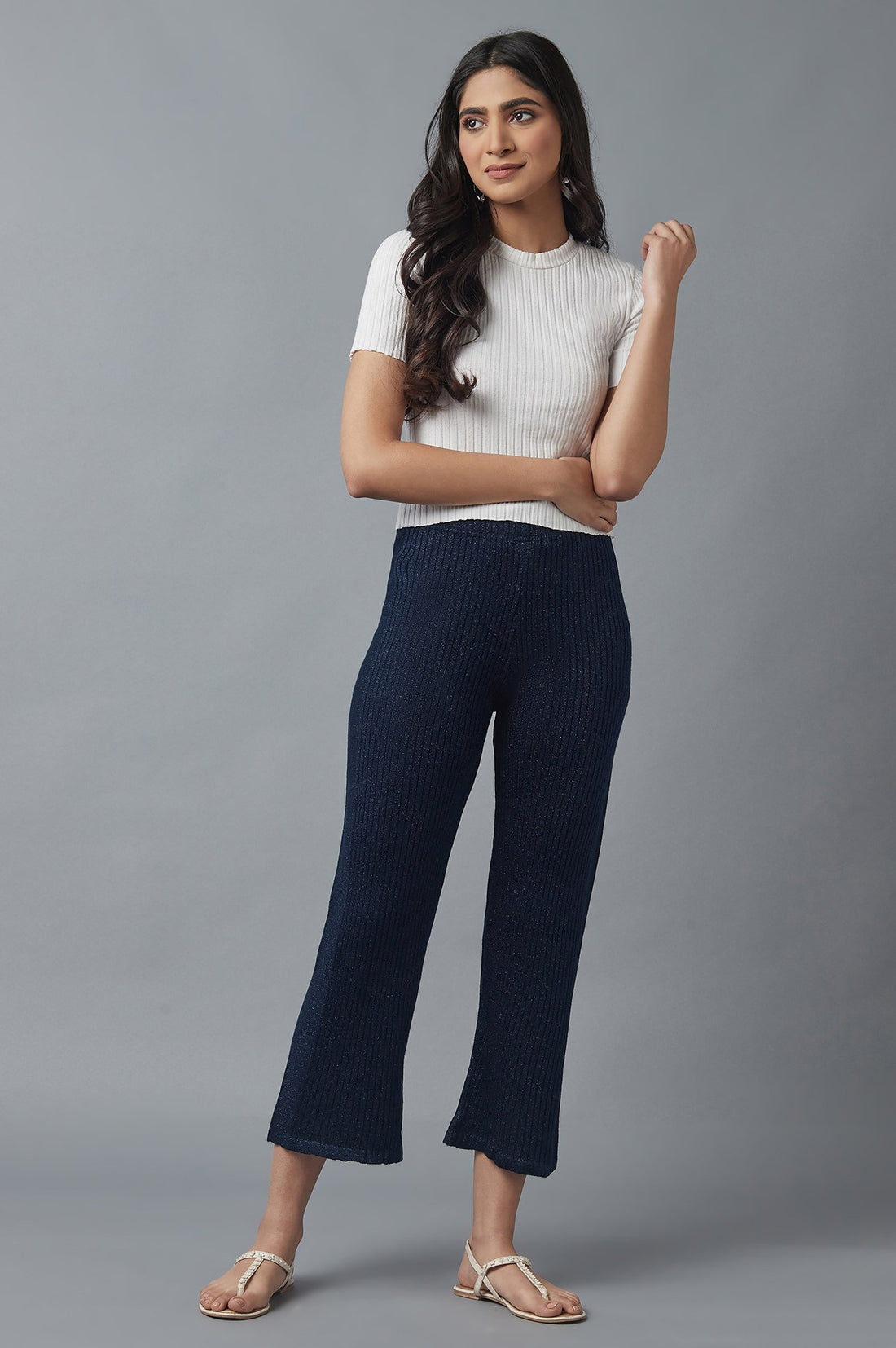 Navy Blue Solid Boot Cut Palazzo With Elasticated Waist