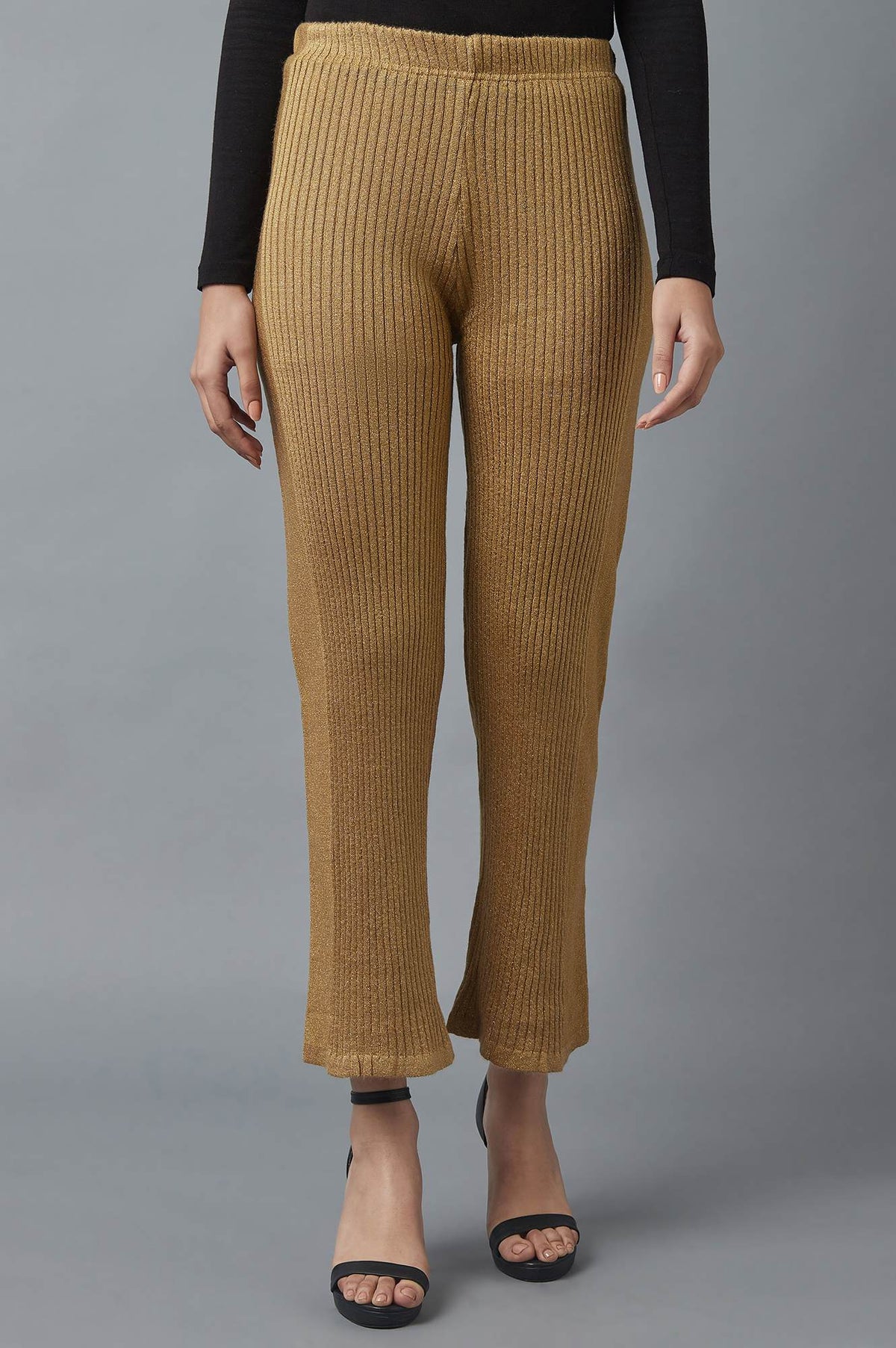 Elleven Women's Gold Solid Boot Cut Acrylic Palazzo With Elasticated Waist - XS
