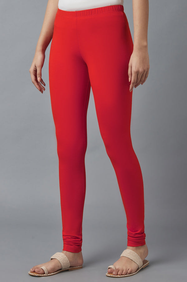 Elleven Women's Red Solid Skinny Fit Cotton Tights With Elasticated Waist