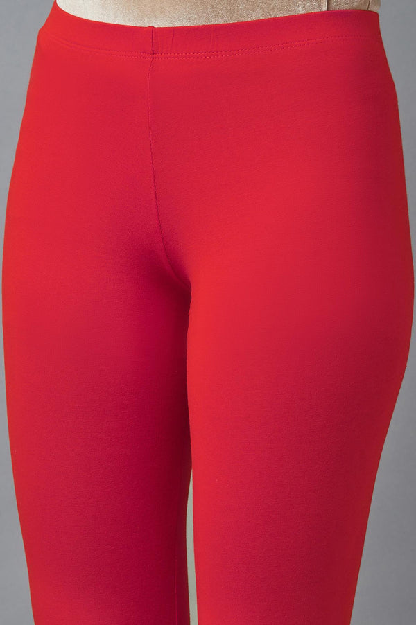 Elleven Women's Red Solid Skinny Fit Cotton Tights With Elasticated Waist