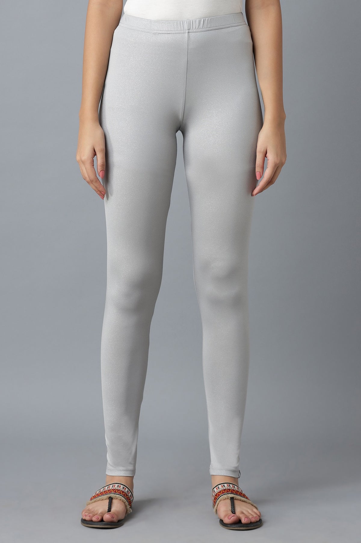 Elleven Women's Silver Solid Skinny Fit Tights With Elasticated Waist - S