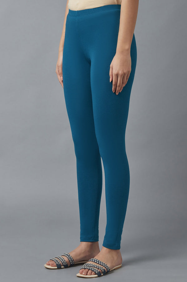 Blue Solid Skinny Fit Cotton Tights With Elasticated Waist