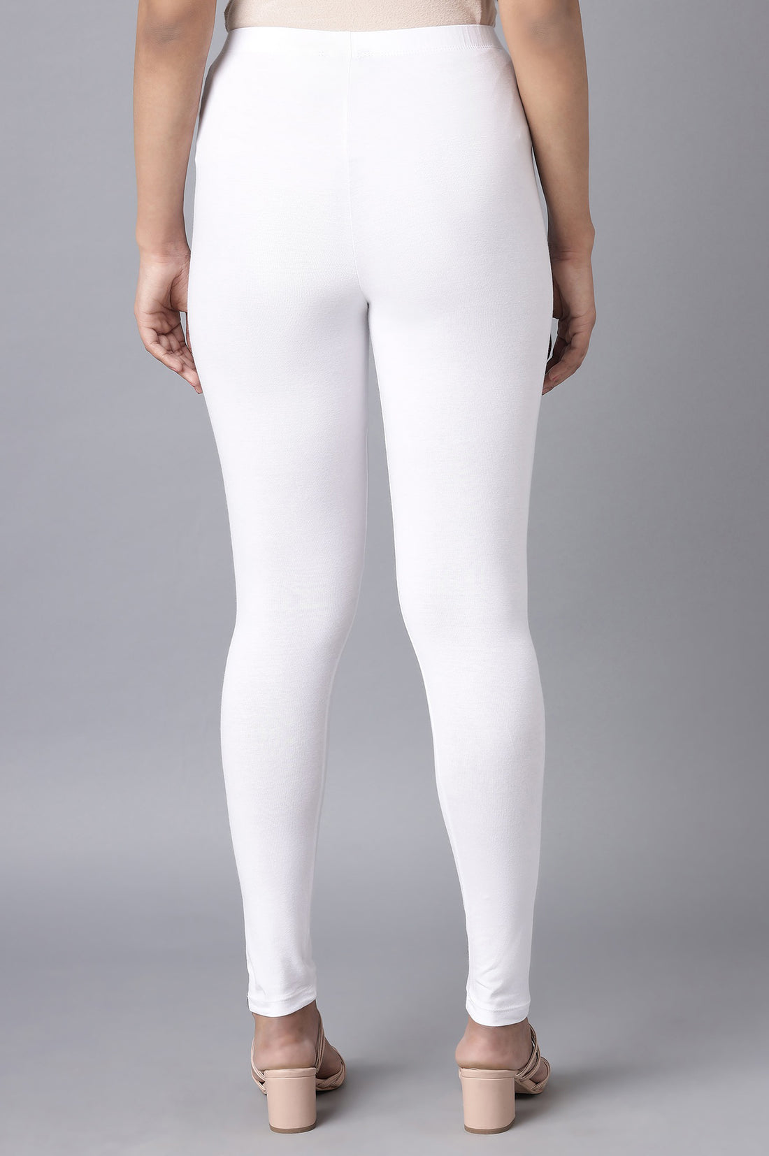 White Solid Skinny Fit Cotton Tights With Elasticated Waist