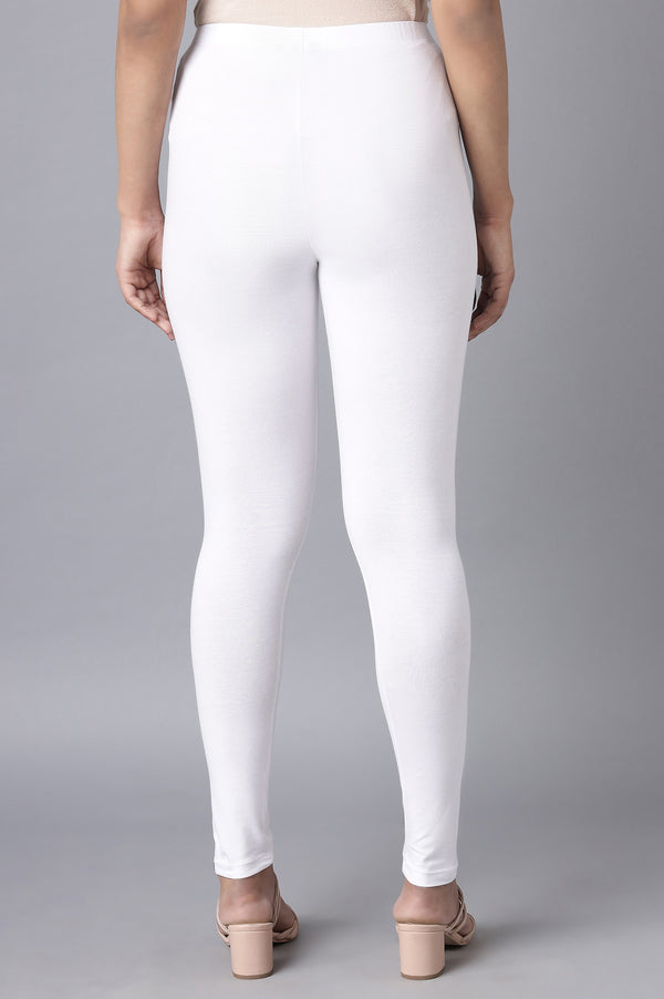 Elleven Women's White Solid Cotton Lycra Skinny Fit Ankle Length High Rise Leggings