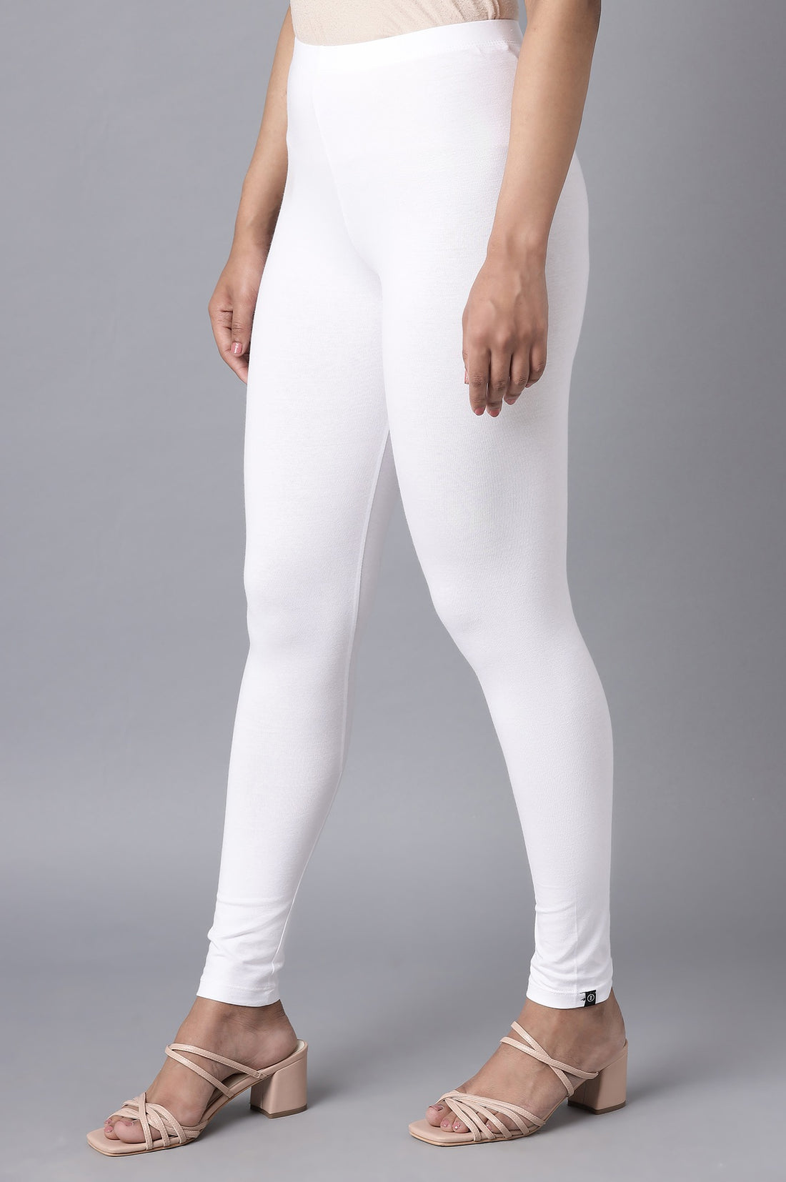 White Solid Skinny Fit Cotton Tights With Elasticated Waist