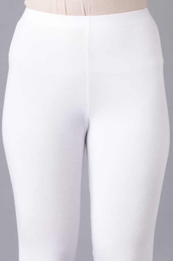 Elleven Women's White Solid Cotton Lycra Skinny Fit Ankle Length High Rise Leggings