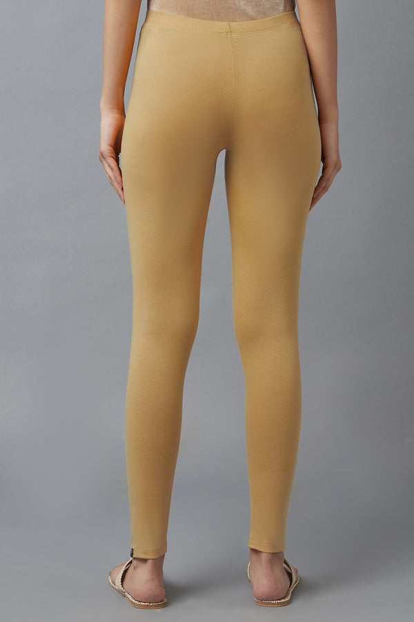 Beige Solid Skinny Fit Cotton Tights With Elasticated Waist