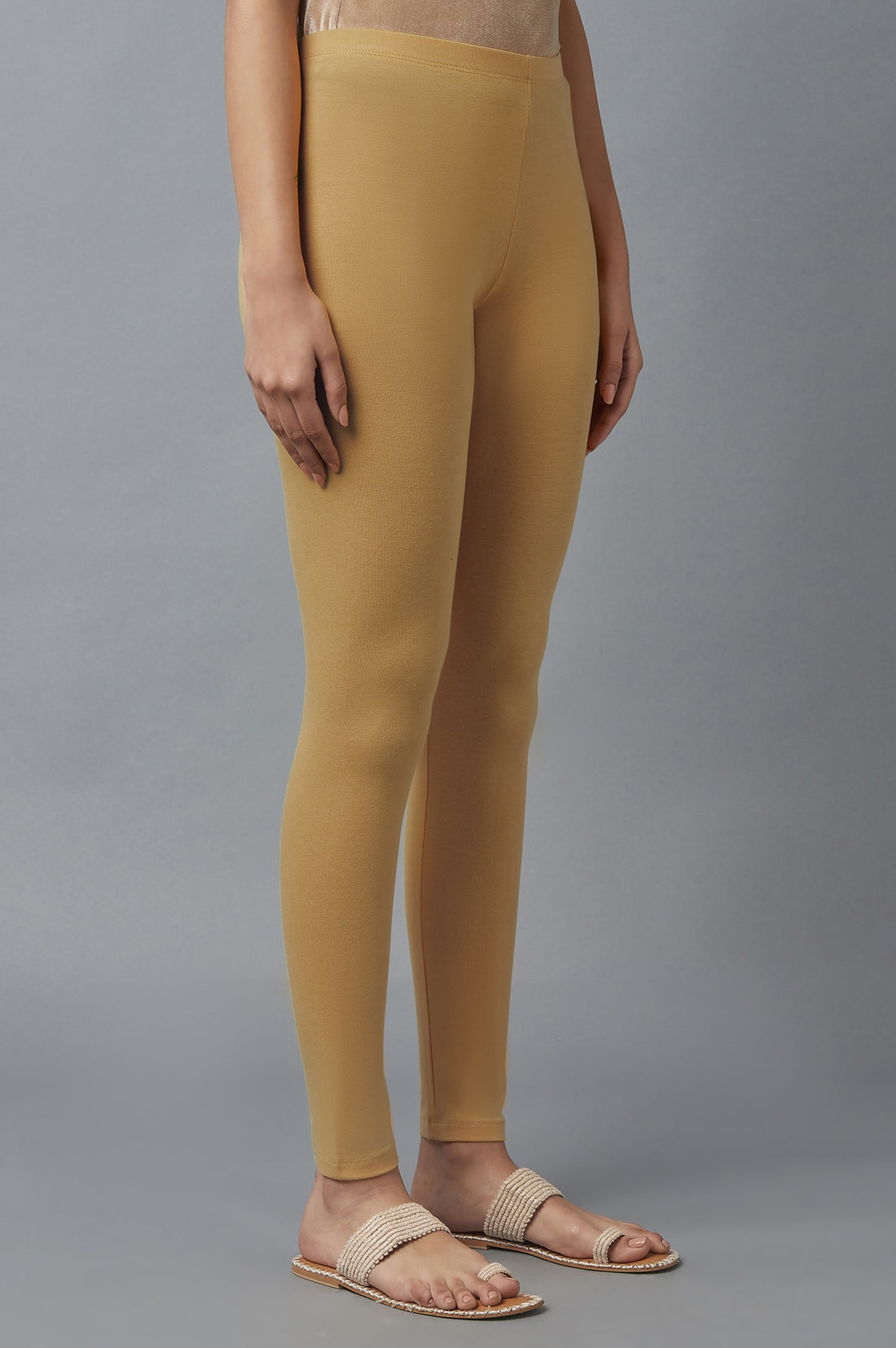 Beige Solid Skinny Fit Cotton Tights With Elasticated Waist