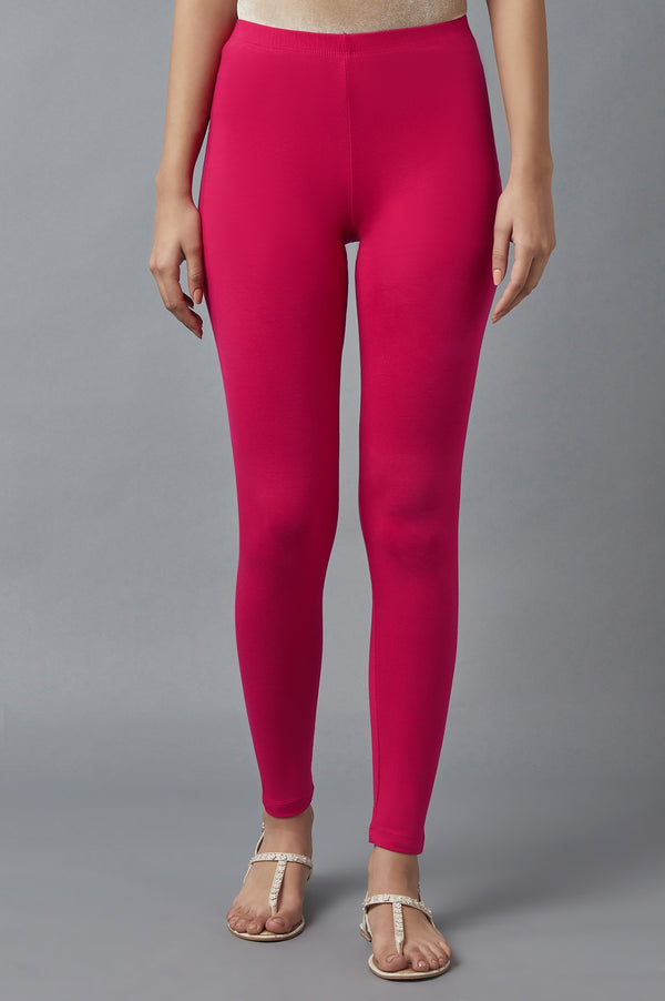 Pink Solid Skinny Fit Cotton Tights With Elasticated Waist
