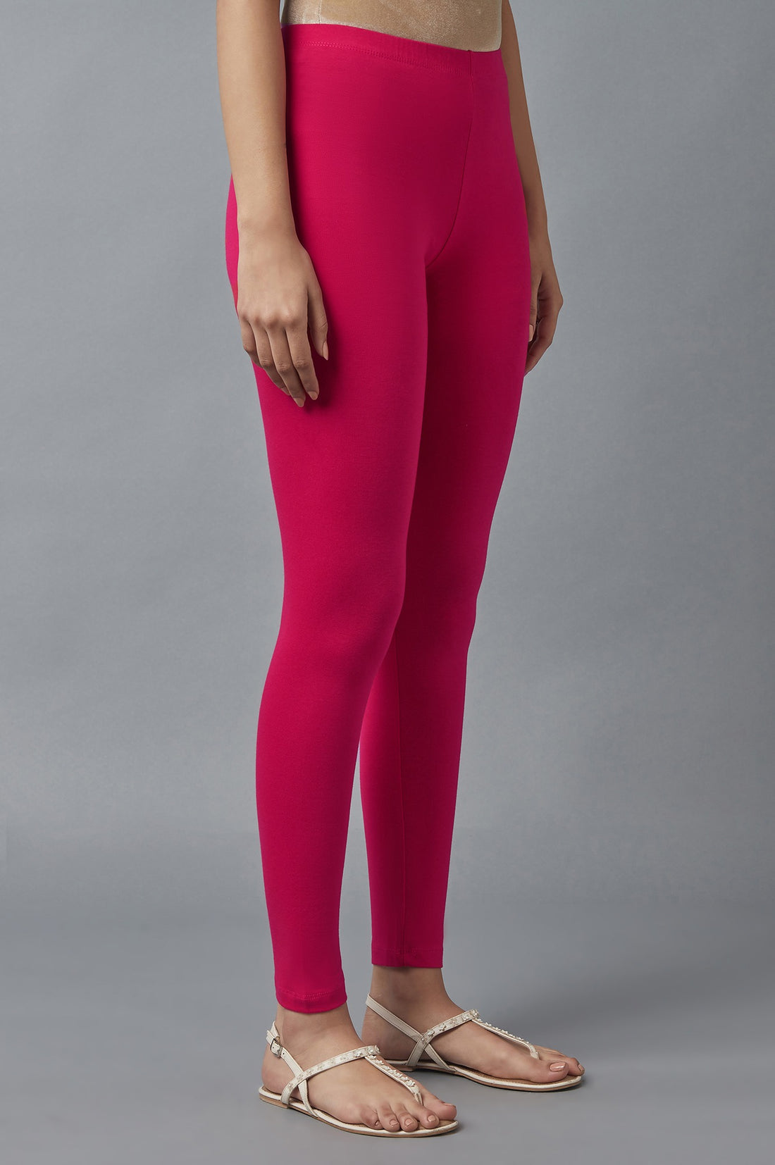 Pink Solid Skinny Fit Cotton Tights With Elasticated Waist