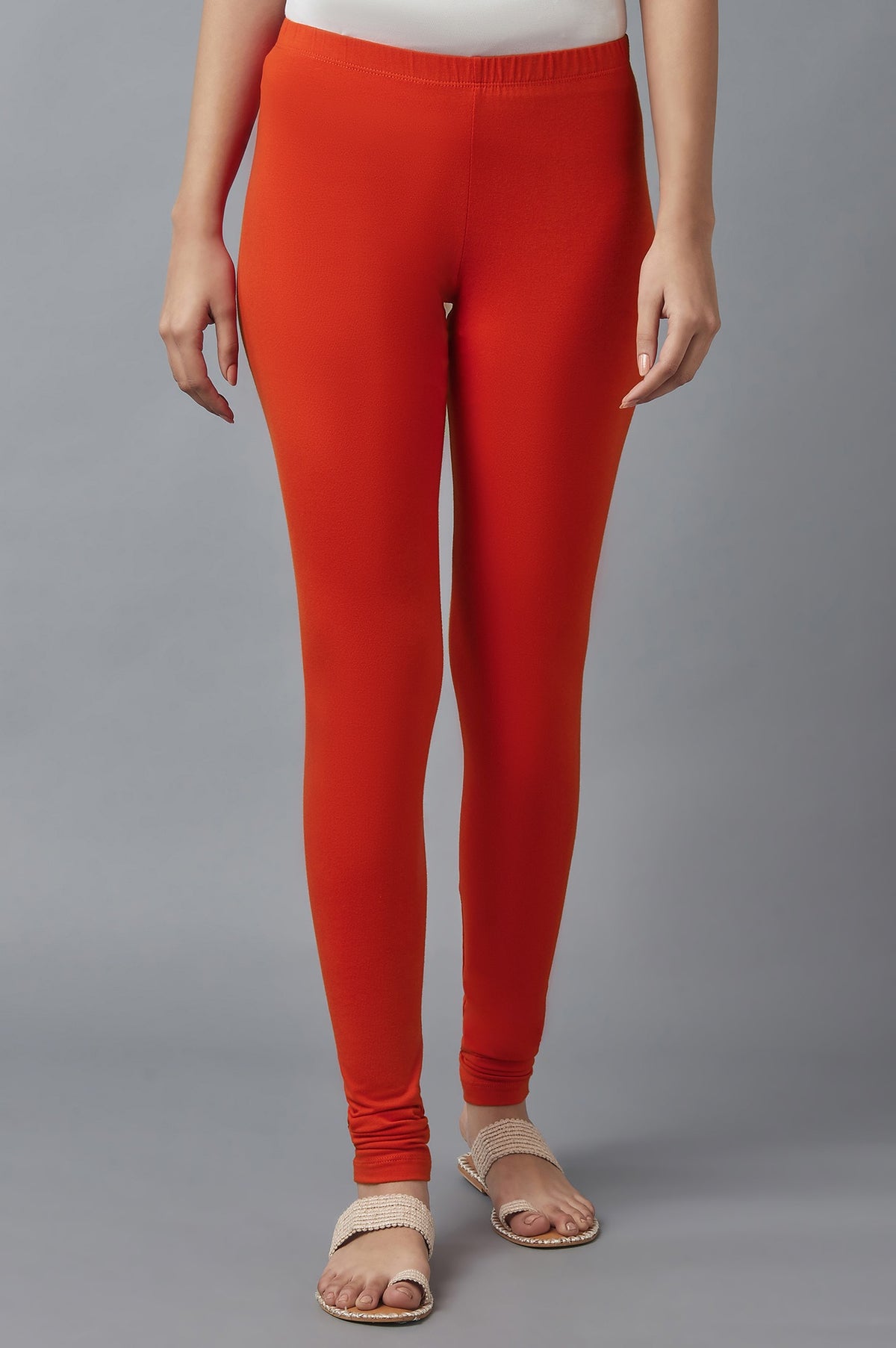 Elleven Women's Red Solid Skinny Fit Cotton Tights With Elasticated Waist - S
