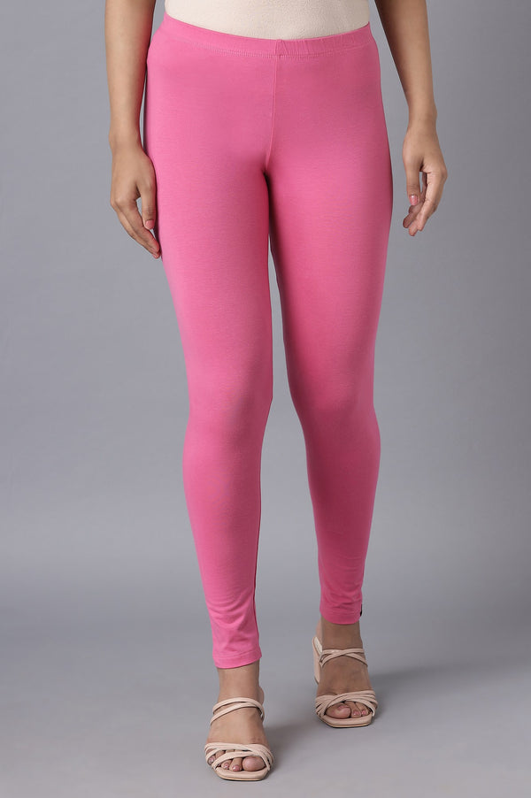Pink Solid Skinny Fit Cotton Tights With Elasticated Waistband