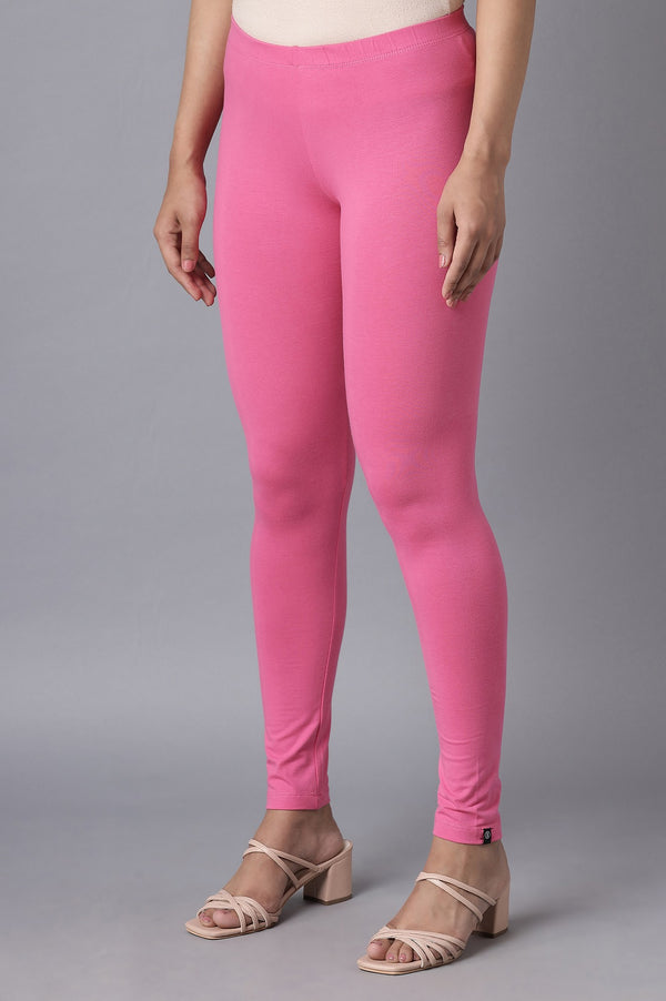 Pink Solid Skinny Fit Cotton Tights With Elasticated Waistband