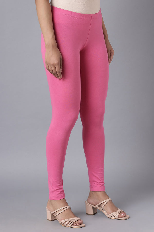 Pink Solid Skinny Fit Cotton Tights With Elasticated Waistband