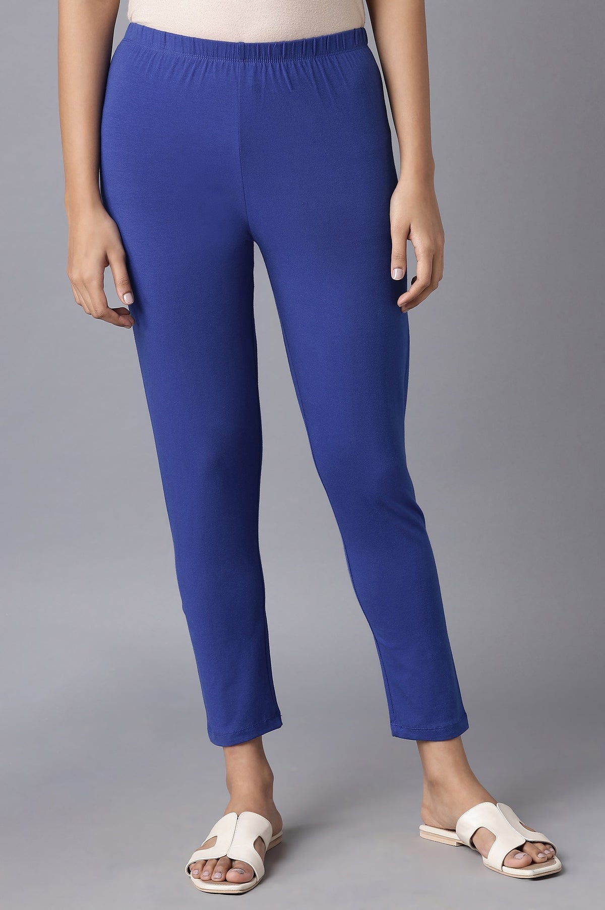 Elleven Women's Blue Solid Skinny Fit Cotton Tights With Elasticated Waist - S