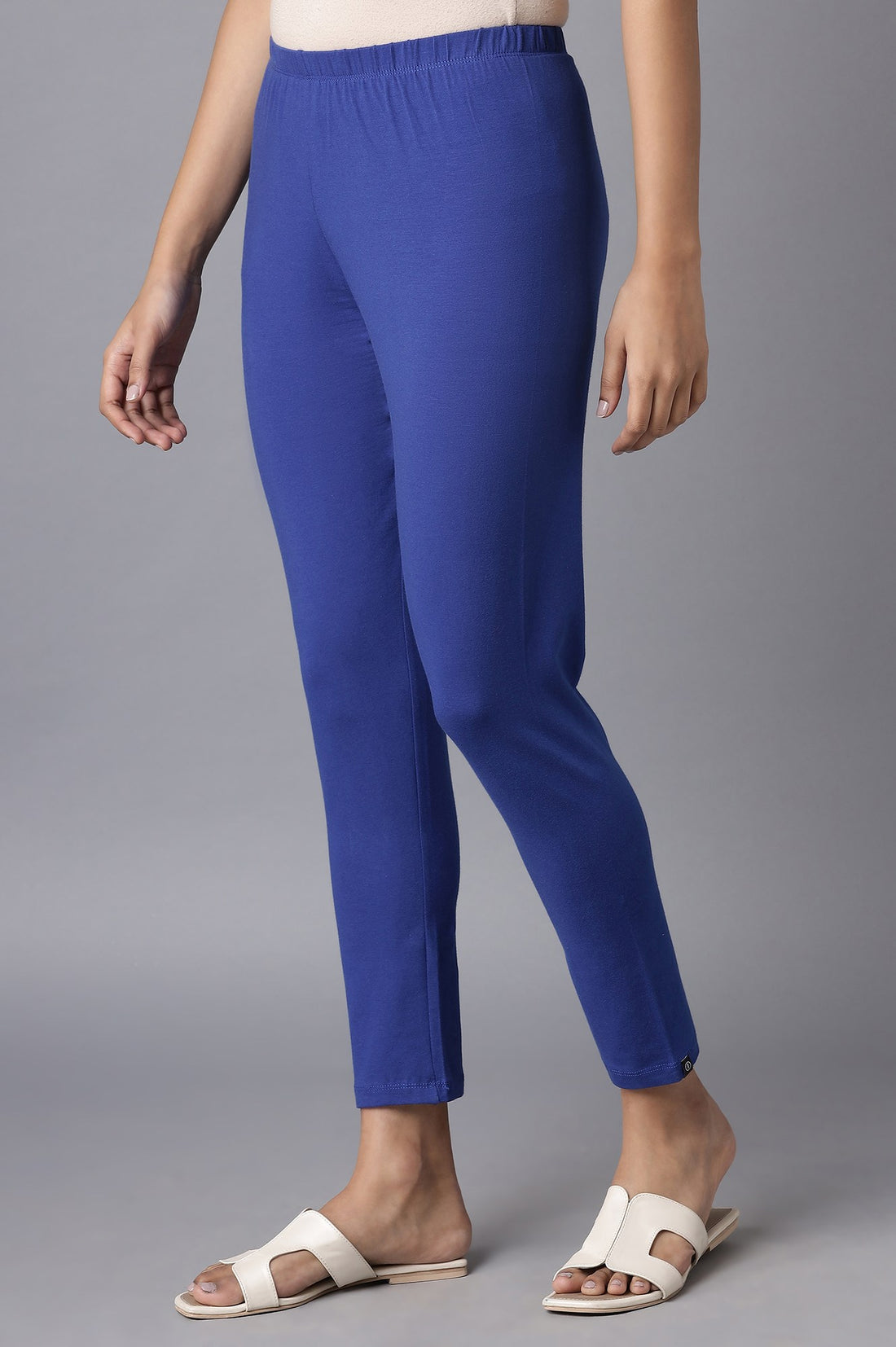 Blue Solid Skinny Fit Cotton Tights With Elasticated Waist