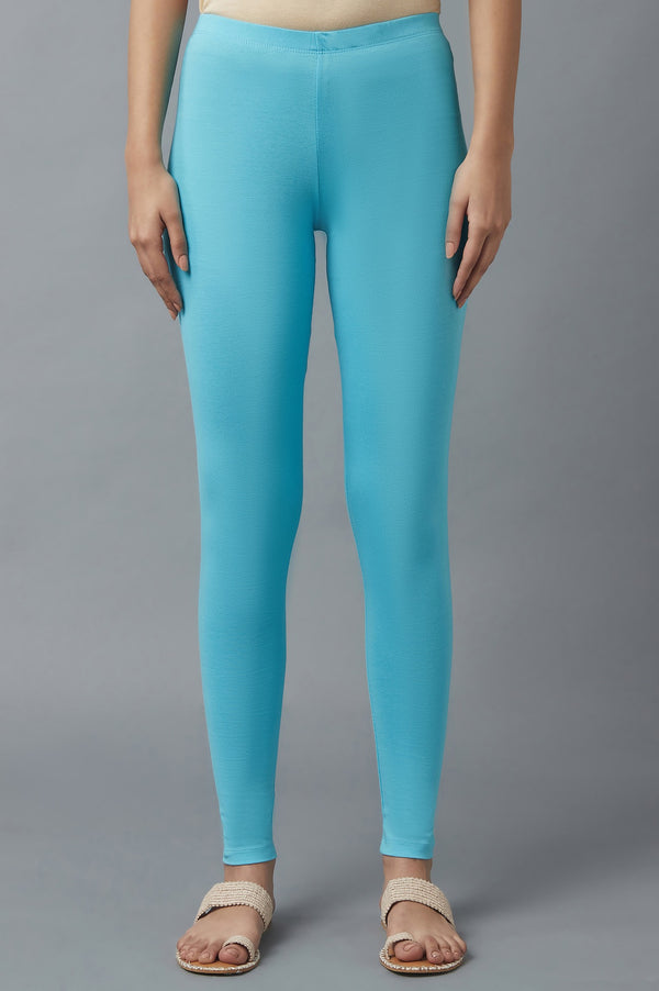 Blue Solid Skinny Fit Cotton Tights With Elasticated Waist