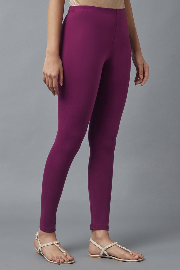Purple Solid Skinny Fit Cotton Tights With Elasticated Waist
