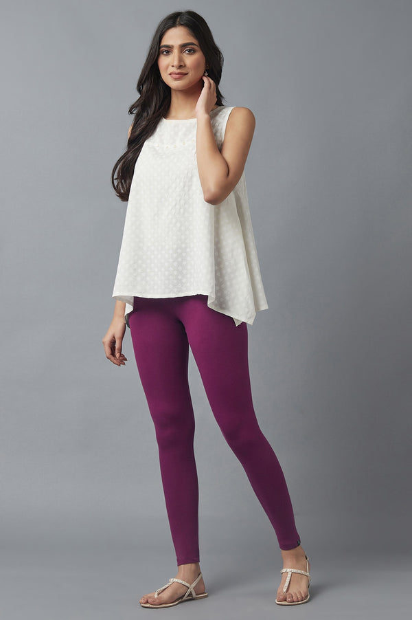 Purple Solid Skinny Fit Cotton Tights With Elasticated Waist
