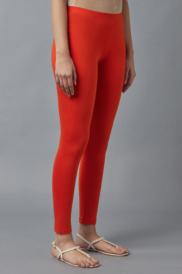 Orange Solid Skinny Fit Cotton Tights With Elasticated Waist