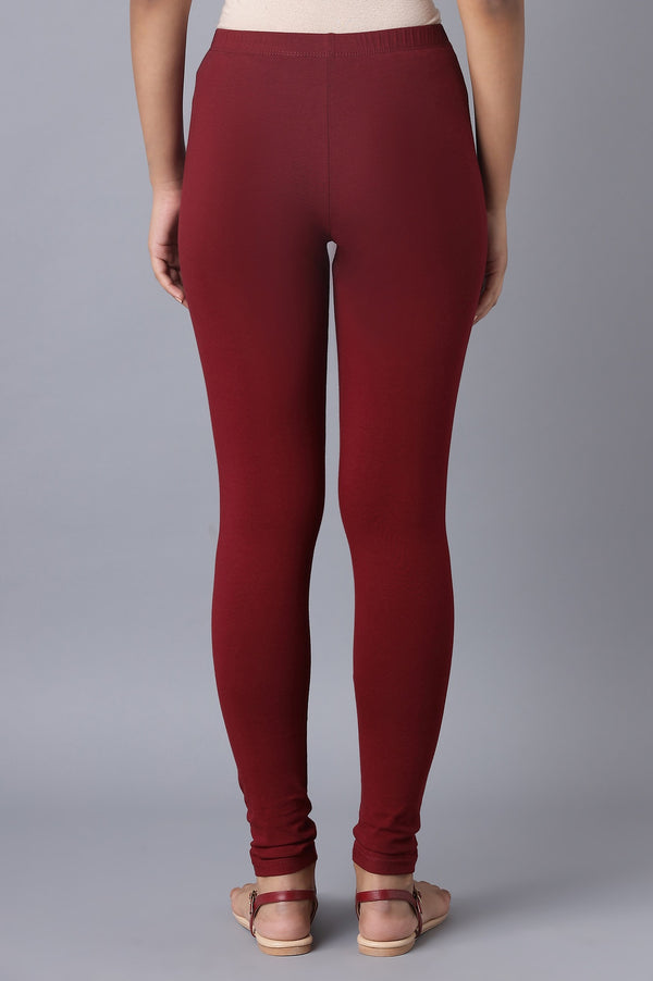 Maroon Solid Skinny Fit Cotton Tights With Elasticated Waistband