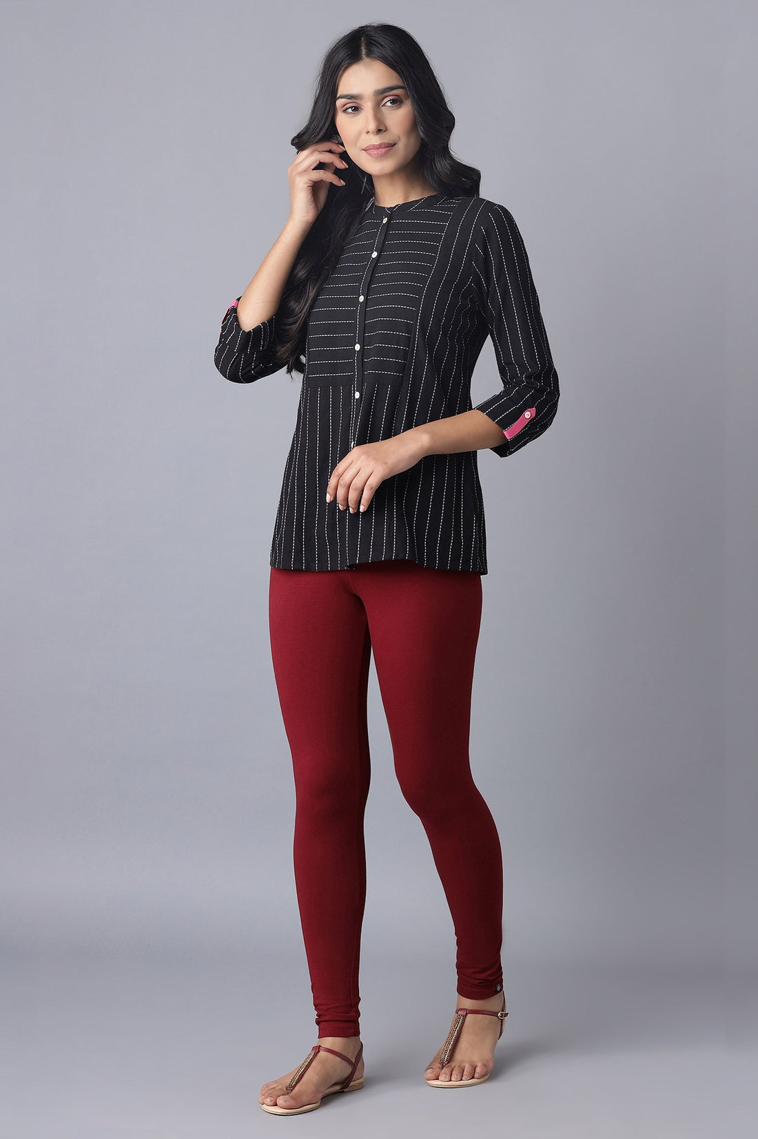 Maroon Solid Skinny Fit Cotton Tights With Elasticated Waistband