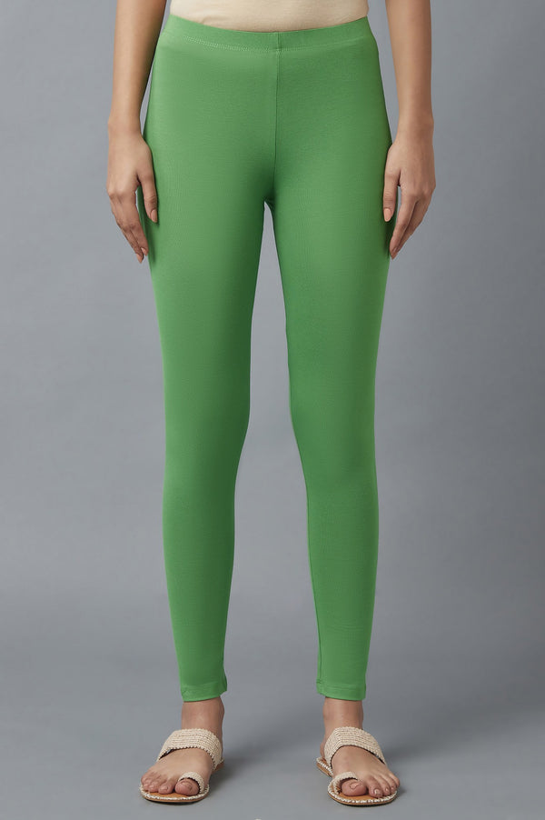 Green Solid Skinny Fit Cotton Tights With Elasticated Waist
