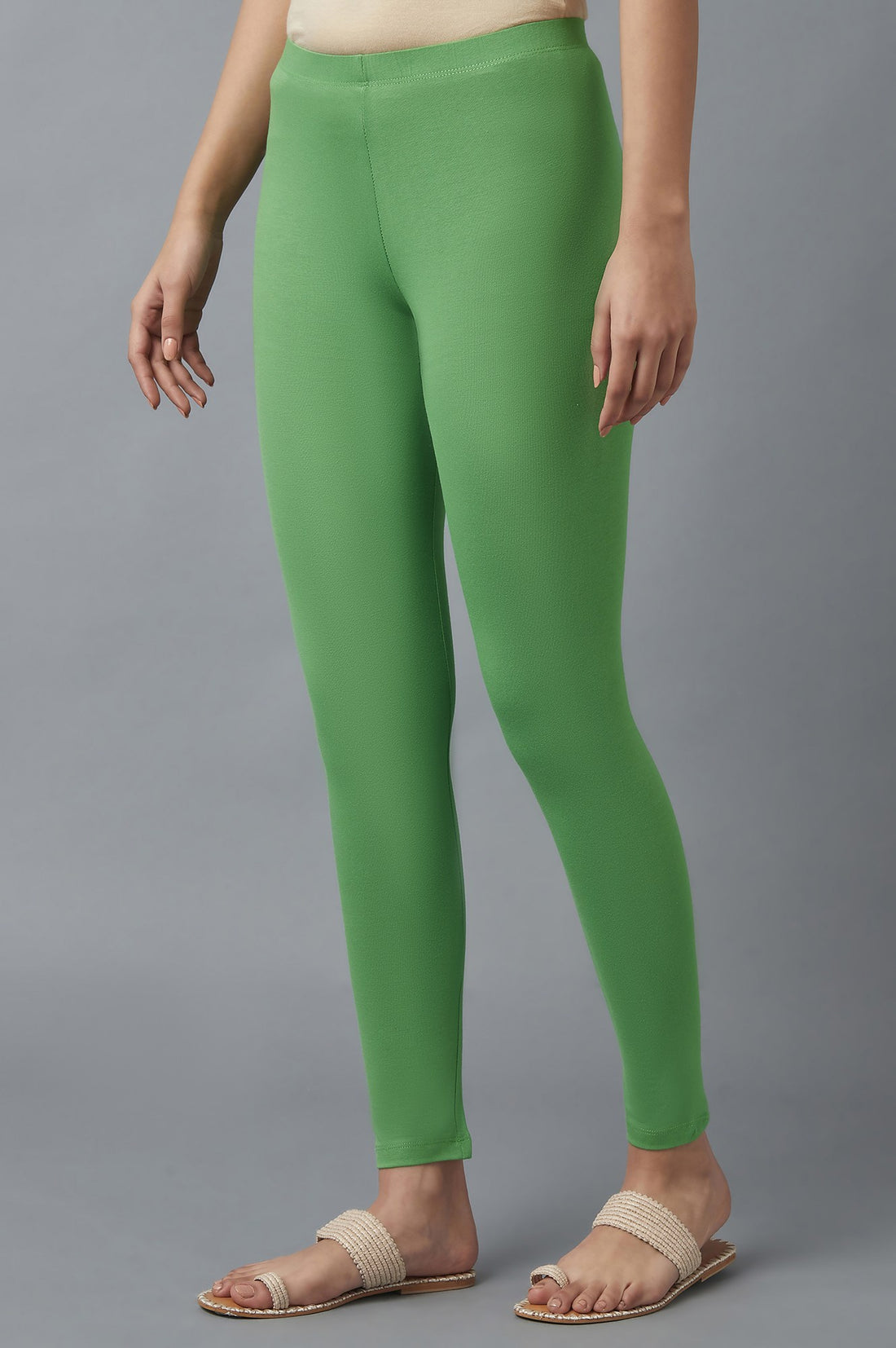 Green Solid Skinny Fit Cotton Tights With Elasticated Waist