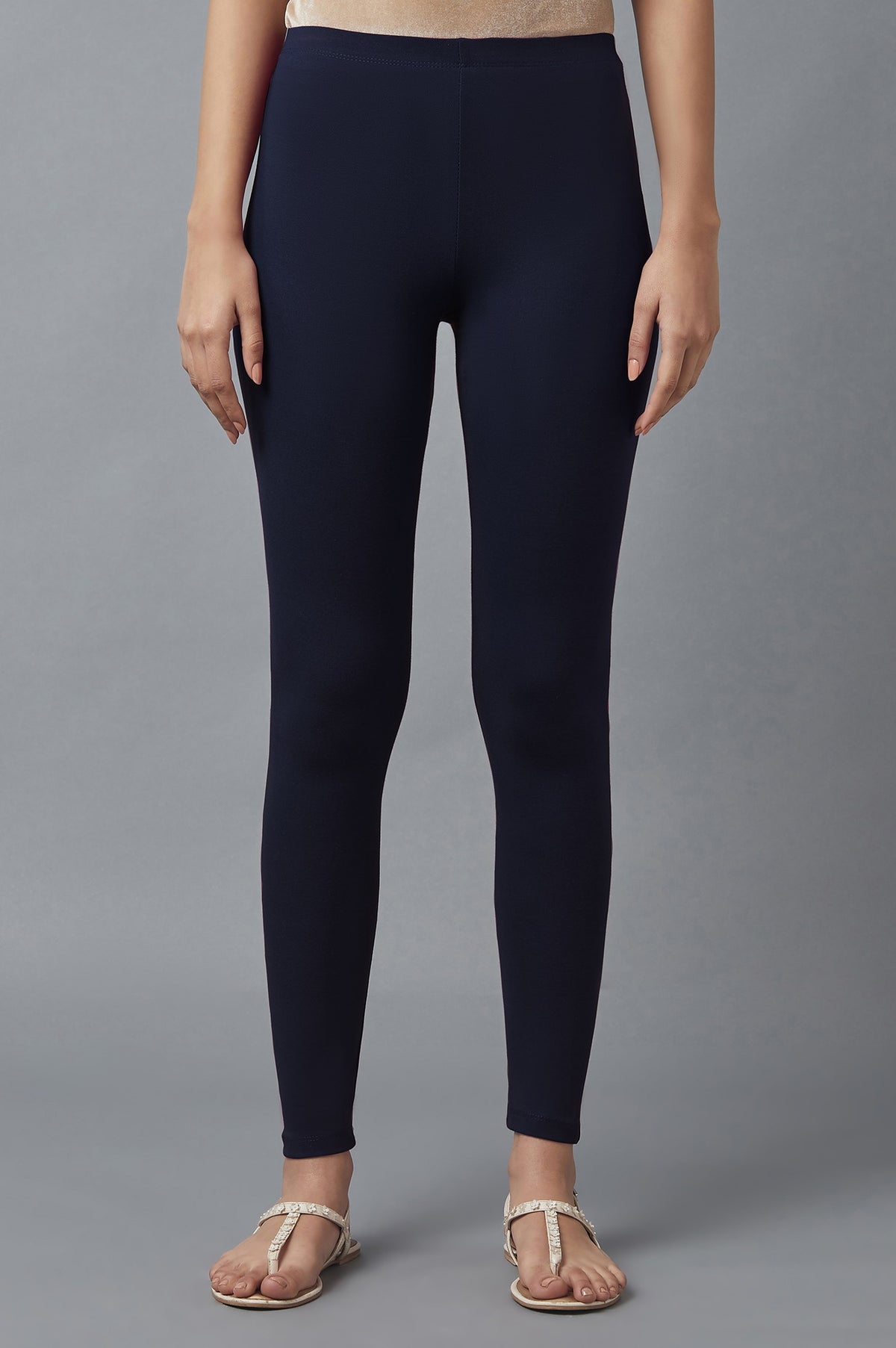 Elleven Women's Navy Blue Solid Skinny Fit Cotton Tights With Elasticated Waist - M
