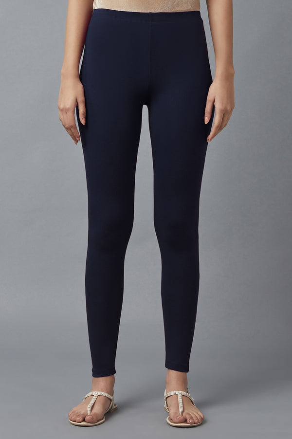 Navy Blue Solid Skinny Fit Cotton Tights With Elasticated Waist