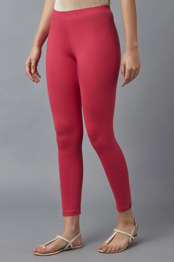 Red Solid Skinny Fit Cotton Tights With Elasticated Waist