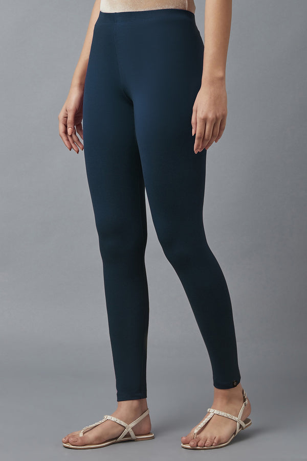 Navy Blue Solid Skinny Fit Cotton Tights With Elasticated Waist