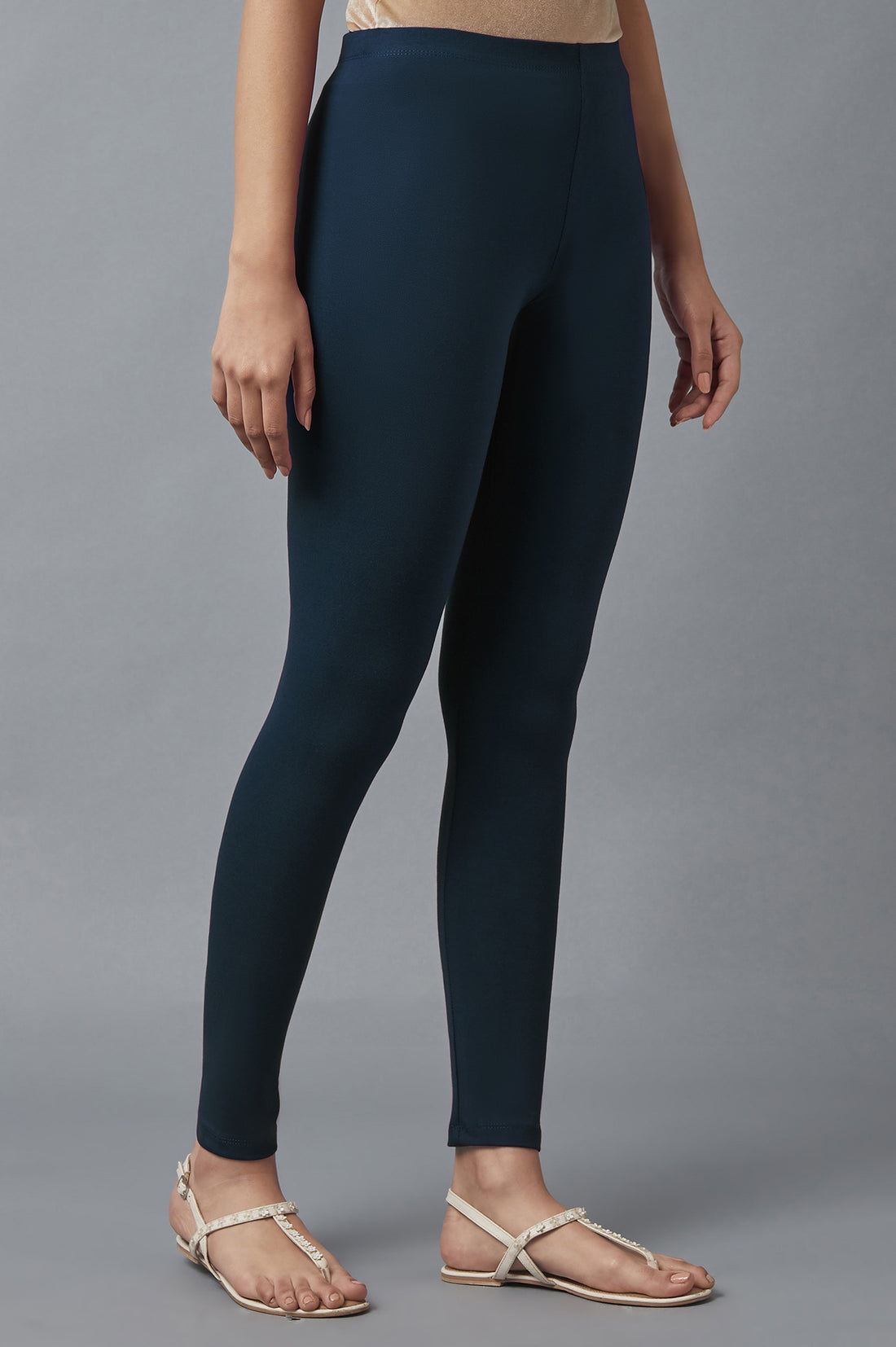 Navy Blue Solid Skinny Fit Cotton Tights With Elasticated Waistband