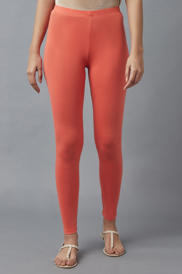 Peach Solid Skinny Fit Cotton Tights With Elasticated Waist
