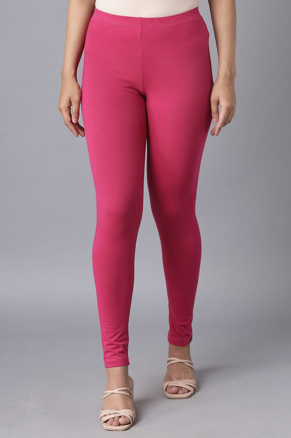 Pink Solid Skinny Fit Cotton Tights With Elasticated Waist