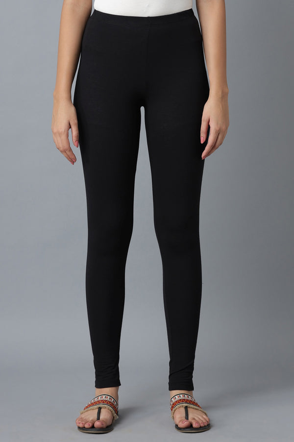 Elleven Women's Black Solid Cotton Lycra Skinny Fit Ankle Length High Rise Leggings