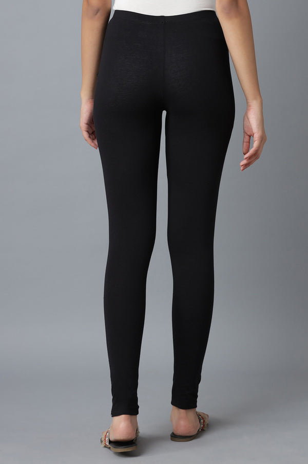 Elleven Women's Black Solid Cotton Lycra Skinny Fit Ankle Length High Rise Leggings