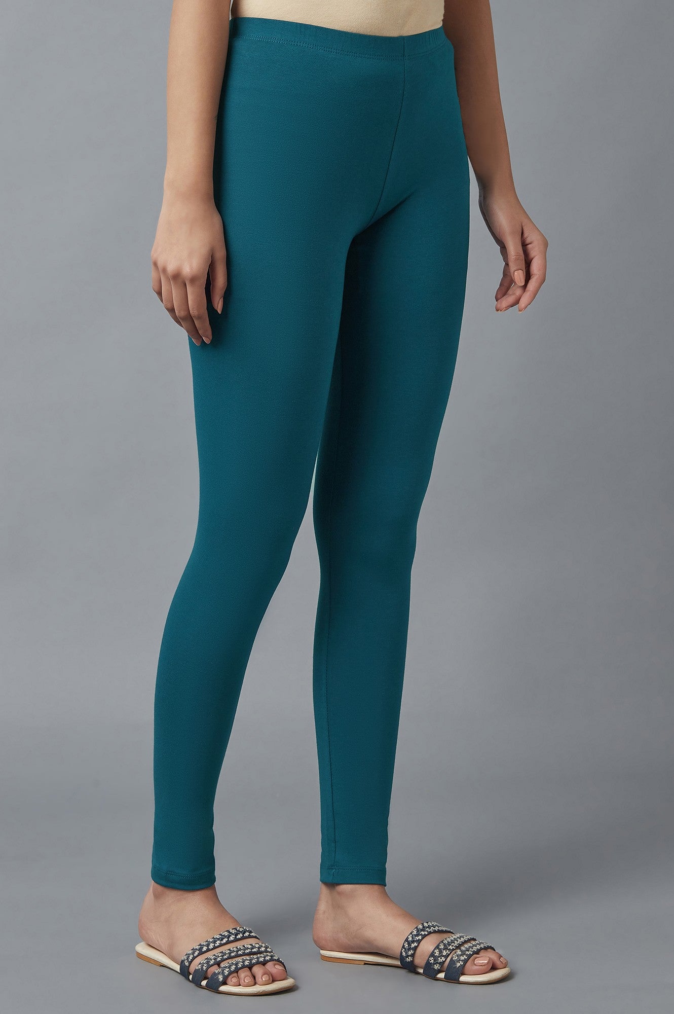 Blue Cotton Lycra Cropped Tights