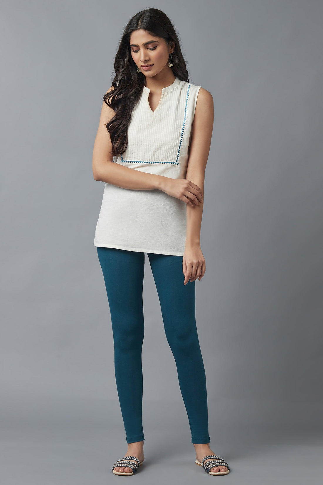 Teal Solid Skinny Fit Cotton Tights With Elasticated Waist