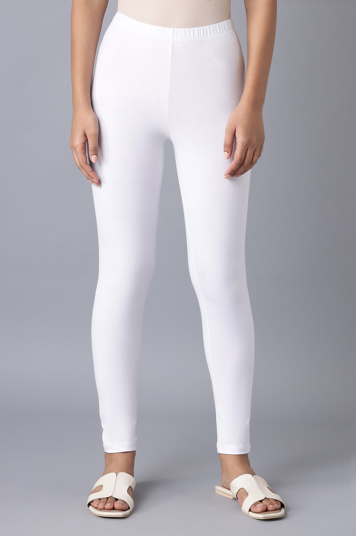 Elleven Women's White Solid Skinny Cotton Tights With Elasticated Waist - XS
