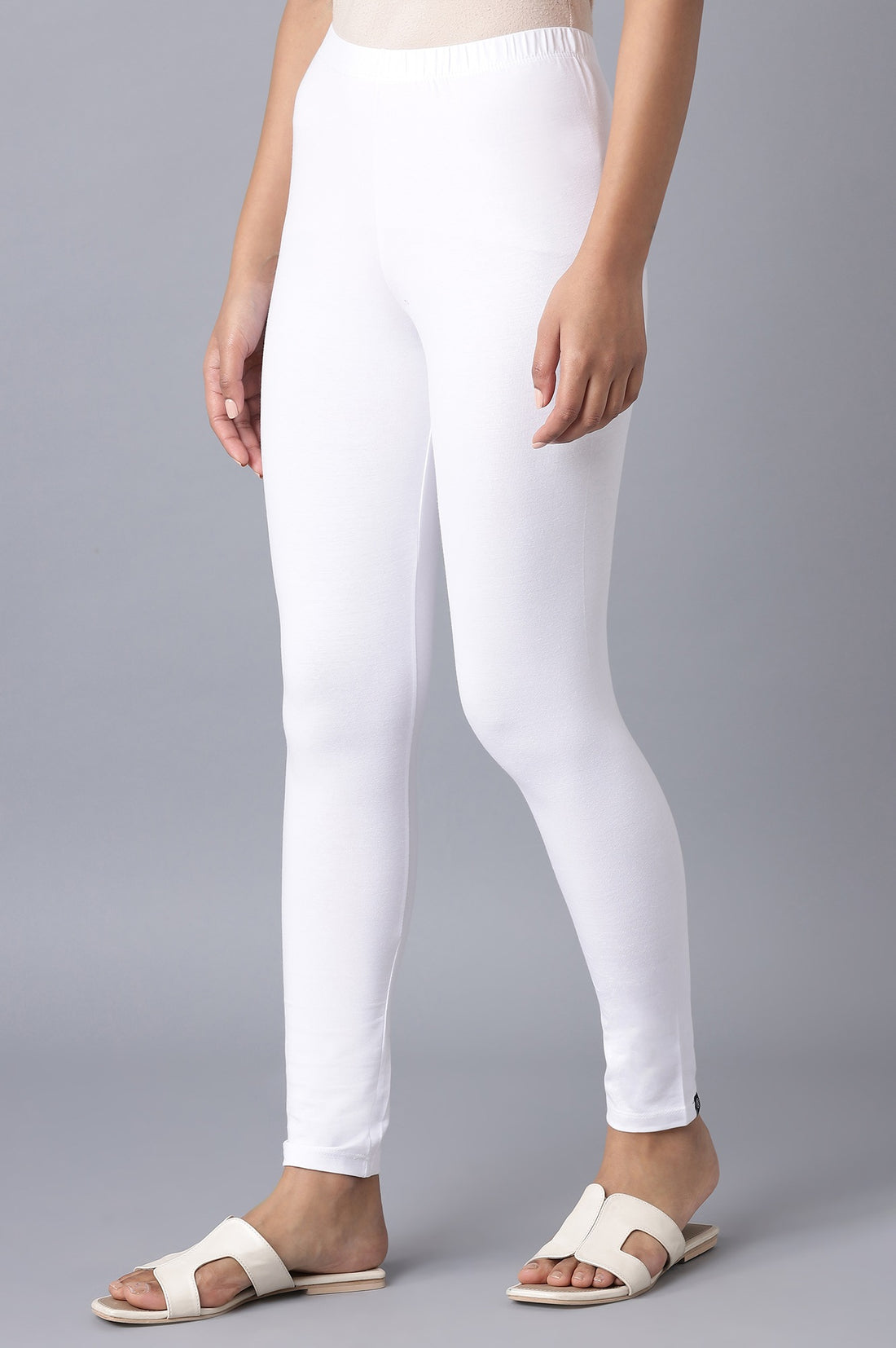 White Solid Skinny Cotton Tights With Elasticated Waist