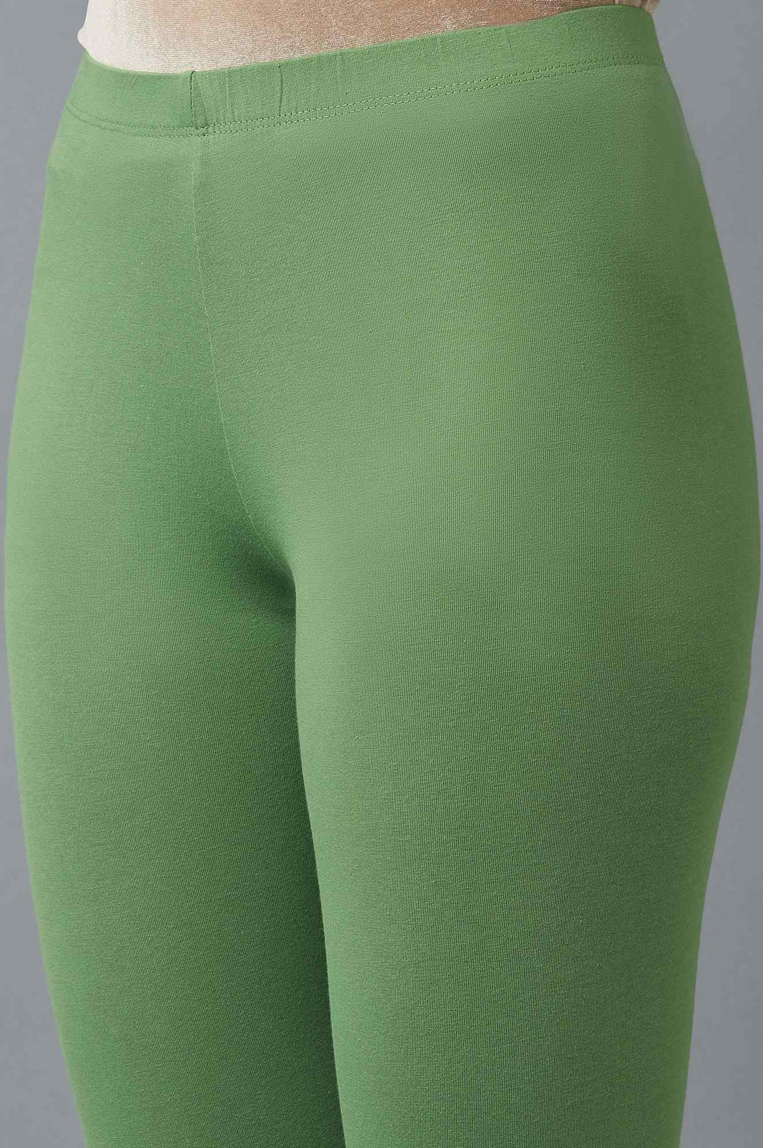 Green Solid Skinny Cotton Tights With Elasticated Waist