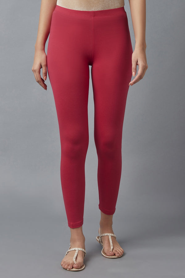 Red Solid Skinny Cotton Tights With Elasticated Waist