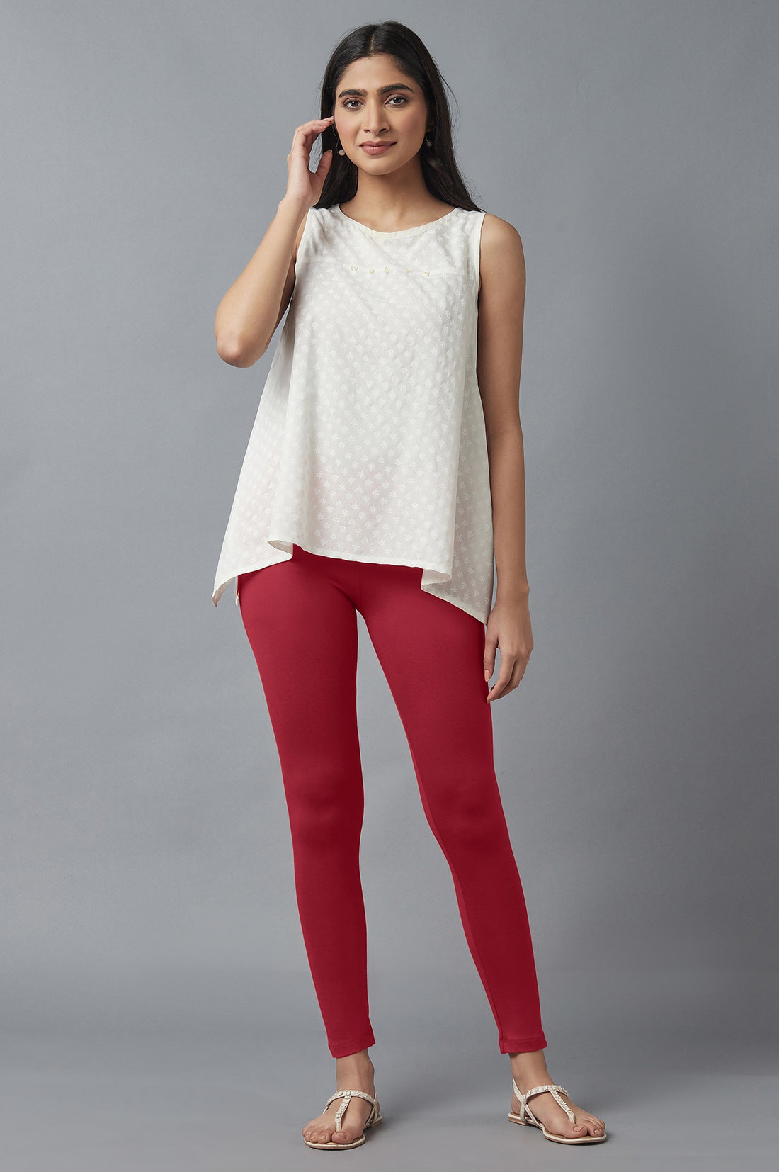 Red Solid Skinny Cotton Tights With Elasticated Waist