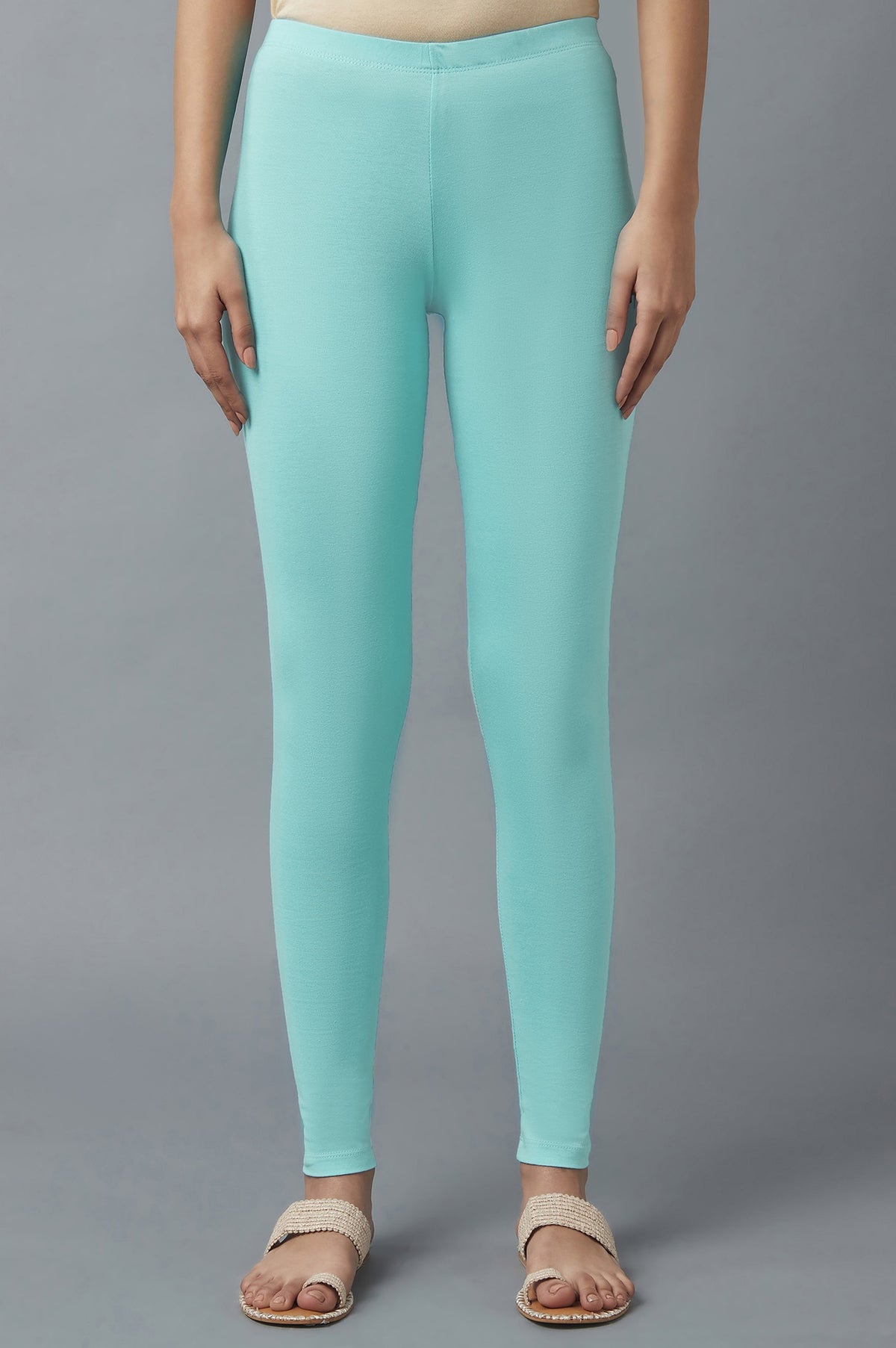 Elleven Women's Light Blue Solid Skinny Cotton Tights With Elasticated Waist - M