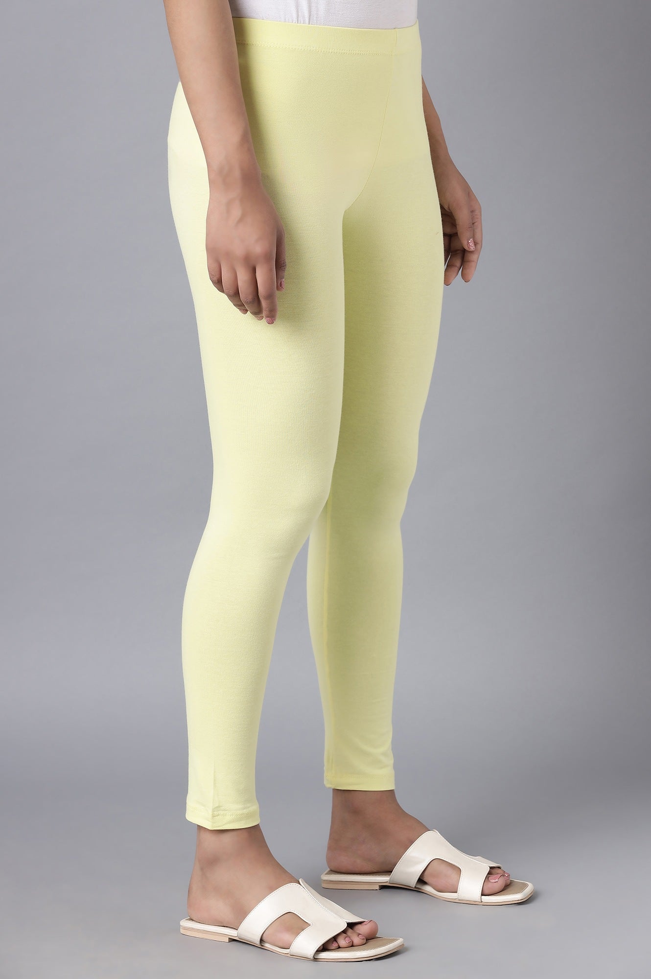 Yellow Cotton Lycra Cropped Tights