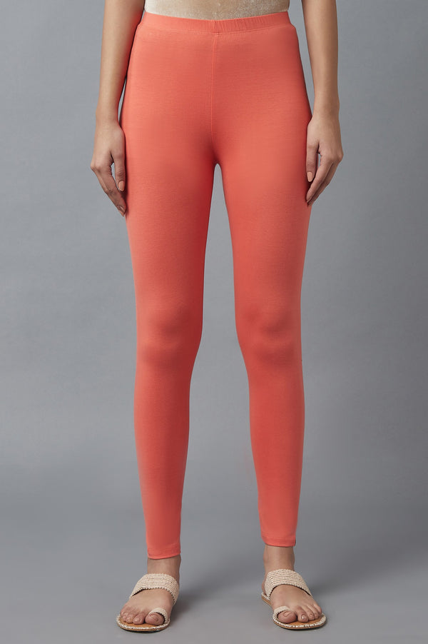 Peach Solid Skinny Cotton High Waisted Tights