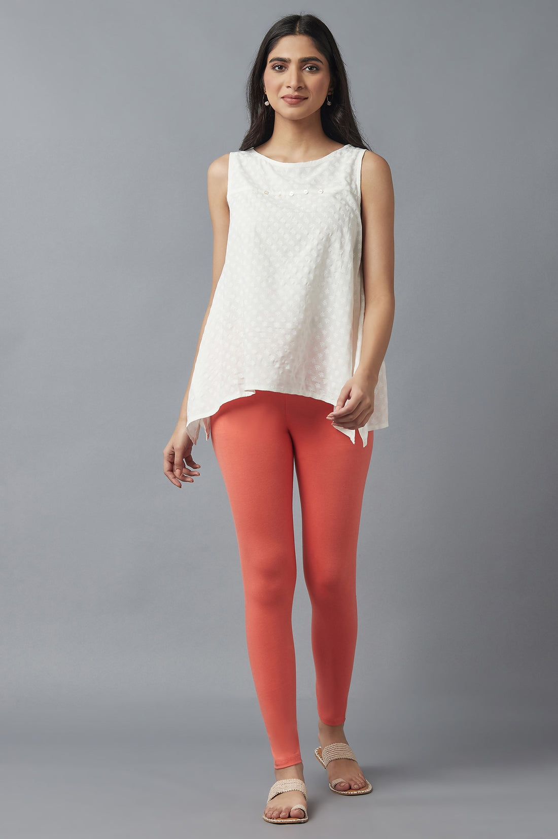 Peach Solid Skinny Cotton High Waisted Tights