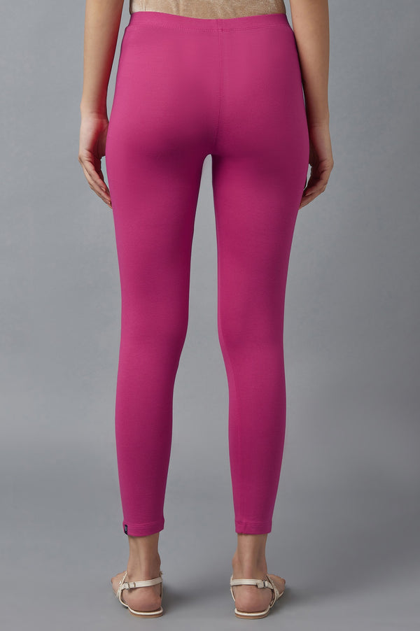 Pink Solid Skinny Cotton Tights With Elasticated Waist